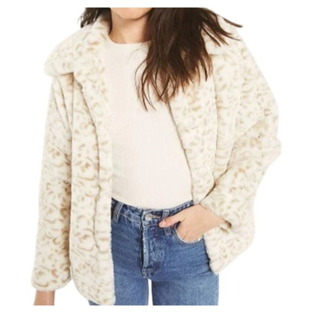 Z Supply Womens Snow Leopard Faux Fur Jacket Size S Cream Animal Print Plush